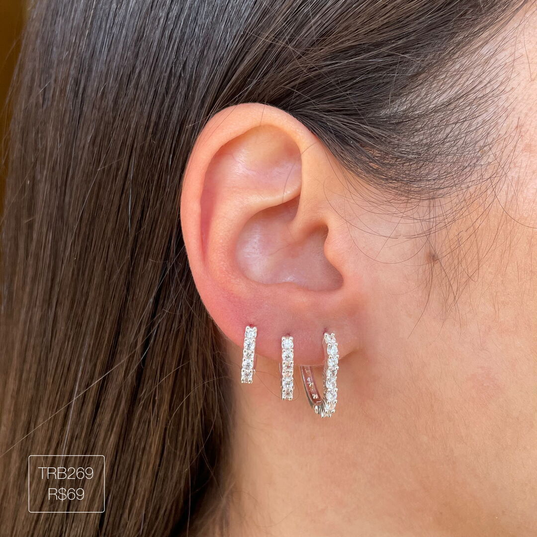 Trio de Argola de Coração Cravejado Cristal Prateado